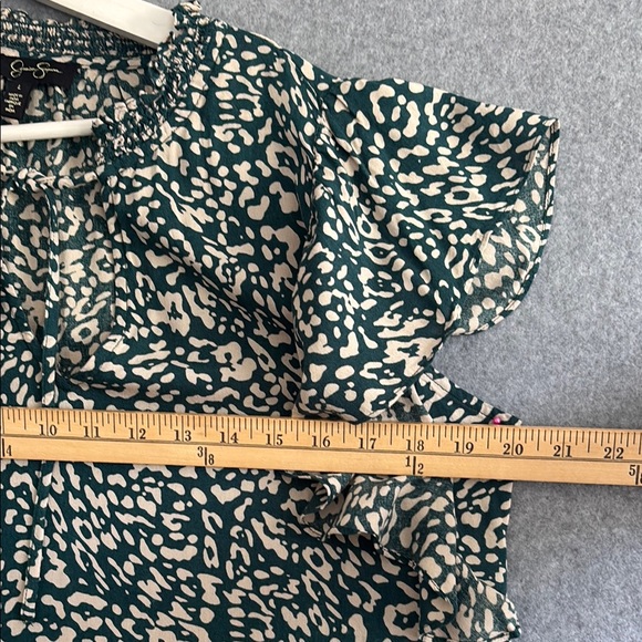 Jessica Simpson Flutter Sleeve Ruffled V-Neck Bohemian  Blouse Green/Cream (L) - Picture 8 of 11